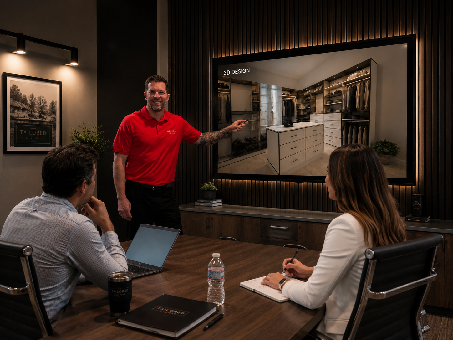 Cap City Closets designer reviewing a 3D closet render with clients